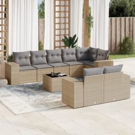 Set de sofás de jardín 9 pzas con cojines ratán sintético beige