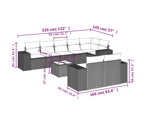Set de muebles de jardín 9 pzas y cojines ratán sintético gris