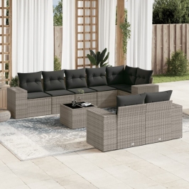 Set de muebles de jardín 9 pzas y cojines ratán sintético gris