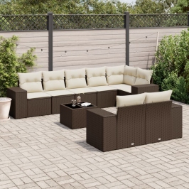 Set de sofás de jardín 9 pzas y cojines ratán sintético marrón