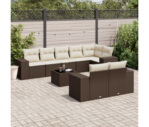 Set de sofás de jardín 9 pzas y cojines ratán sintético marrón