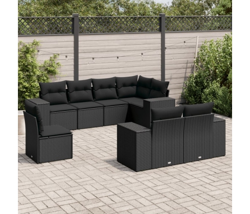 Set de sofás de jardín 8 piezas y cojines ratán sintético negro