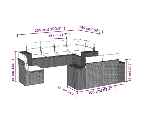 Set de sofás de jardín 8 pzas y cojines ratán sintético gris
