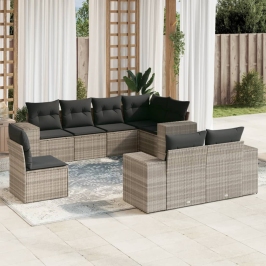Set de sofás de jardín 8 pzas y cojines ratán sintético gris