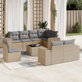 Set de sofás de jardín 9 pzas con cojines ratán sintético beige