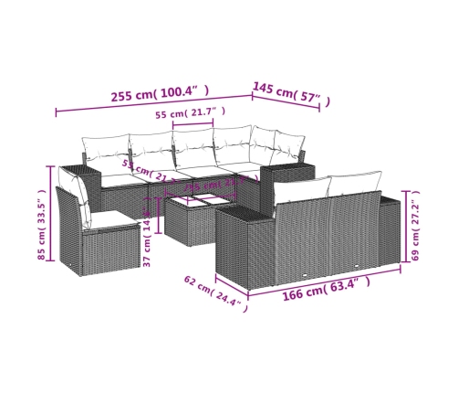 Set de muebles de jardín 9 pzas y cojines ratán sintético gris