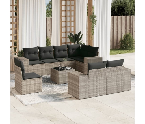 Set muebles jardín 9 pzas y cojines ratán sintético gris claro
