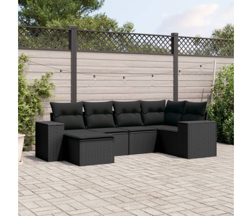 Set de sofás de jardín 6 piezas y cojines ratán sintético negro