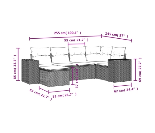 Set de sofás de jardín 6 pzas y cojines ratán sintético gris