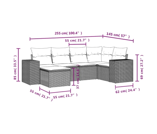 Set sofás de jardín 6 piezas y cojines ratán sintético marrón