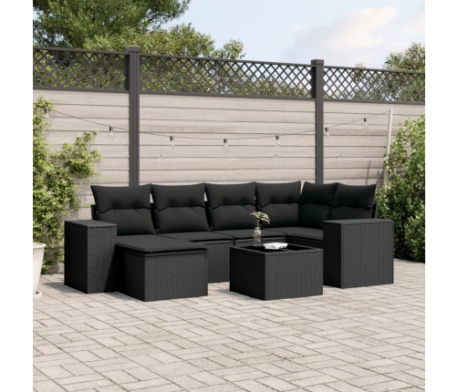 Set de comedor de jardín 7 pzas y cojines ratán sintético negro