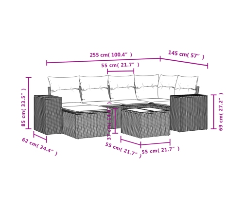 Set sofás de jardín 7 piezas y cojines ratán sintético beige
