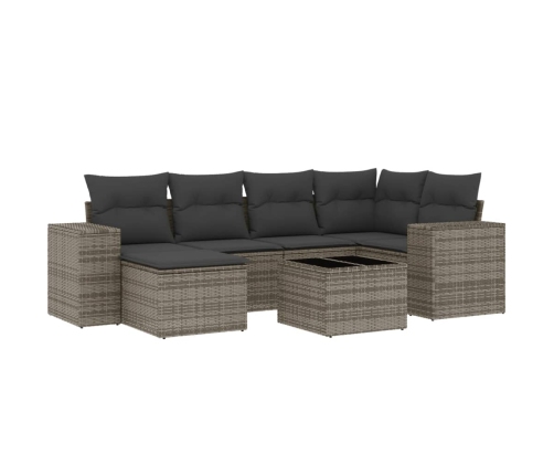 Set de sofás de jardín 7 piezas con cojines ratán PE gris