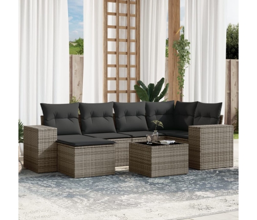 Set de sofás de jardín 7 piezas con cojines ratán PE gris