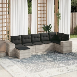 Set de sofás de jardín 7 pzas con cojines ratán PE gris claro