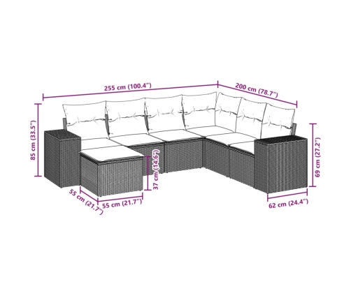 Set de comedor de jardín 7 pzas y cojines ratán sintético negro