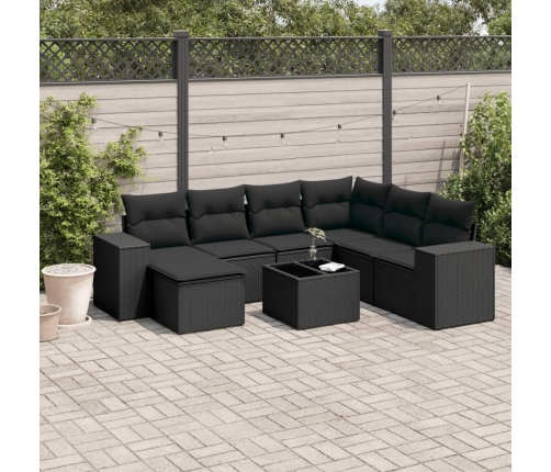 Set de sofás de jardín 8 piezas y cojines ratán sintético negro