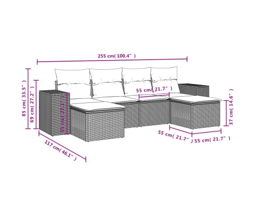 Set de muebles de jardín 6 pzas y cojines ratán sintético gris