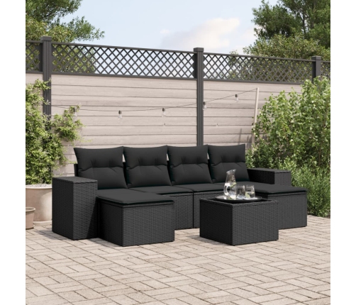 Set de comedor de jardín 7 pzas y cojines ratán sintético negro