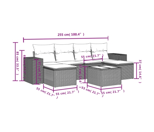 Set de comedor de jardín 7 pzas y cojines ratán sintético negro