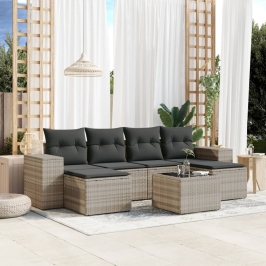 Set de sofás de jardín 7 pzas con cojines ratán PE gris claro