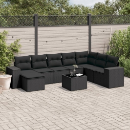 Set de sofás de jardín 8 piezas y cojines ratán sintético negro