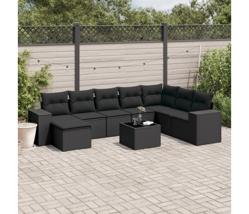 Set de sofás de jardín 8 piezas y cojines ratán sintético negro