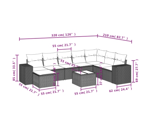 Set de sofás de jardín 9 pzas con cojines ratán sintético beige