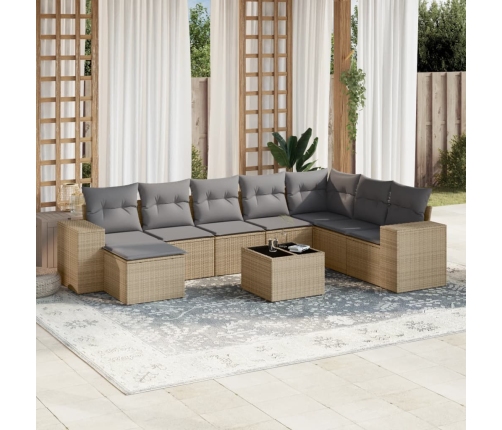 Set de sofás de jardín 9 pzas con cojines ratán sintético beige