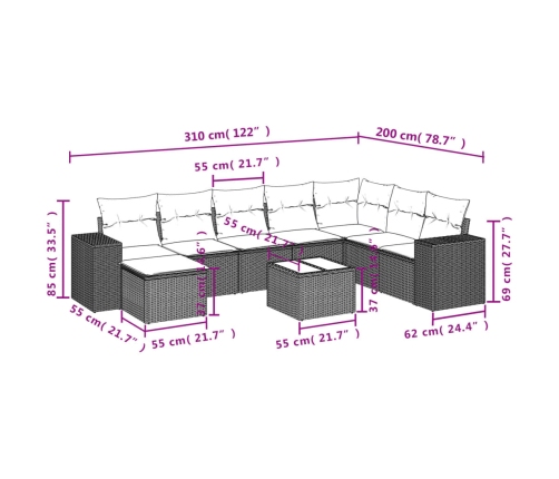 Set muebles jardín 9 pzas y cojines ratán sintético gris claro