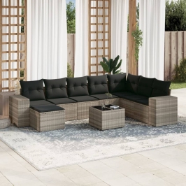 Set muebles jardín 9 pzas y cojines ratán sintético gris claro