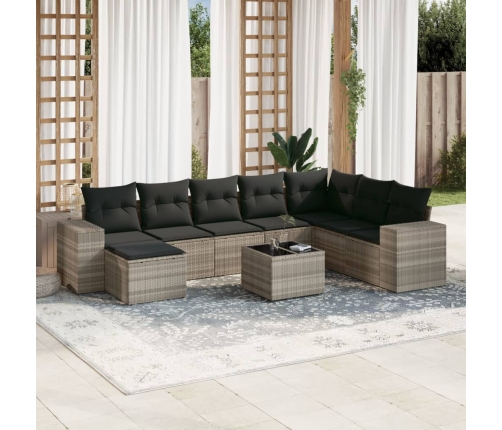 Set muebles jardín 9 pzas y cojines ratán sintético gris claro