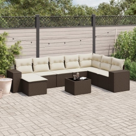 Set de sofás de jardín 9 pzas y cojines ratán sintético marrón