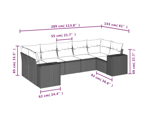 Set de comedor de jardín 7 pzas y cojines ratán sintético negro