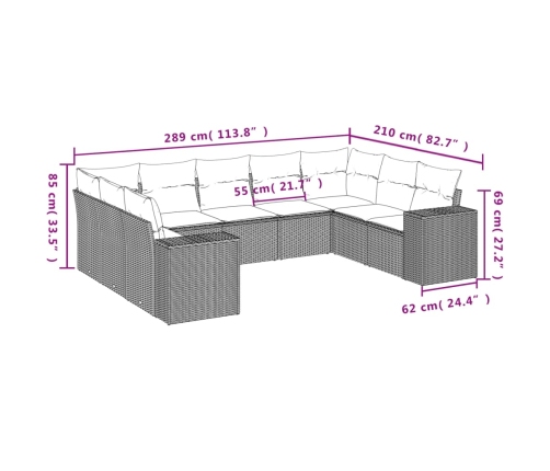 Set de sofás de jardín 9 pzas con cojines ratán sintético beige