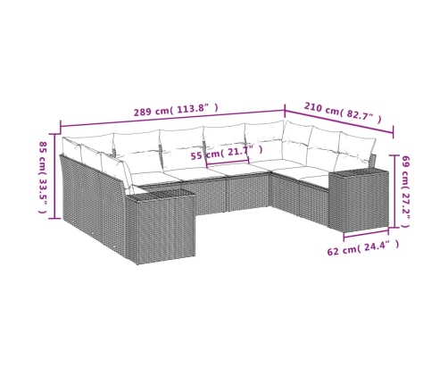 Set de muebles de jardín 9 pzas y cojines ratán sintético gris