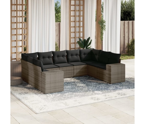 Set de muebles de jardín 9 pzas y cojines ratán sintético gris