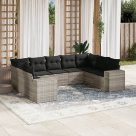Set muebles jardín 9 pzas y cojines ratán sintético gris claro