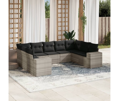 Set muebles jardín 9 pzas y cojines ratán sintético gris claro