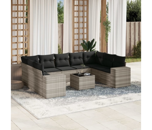 Set sofás jardín 10 pzas con cojines ratán sintético gris claro