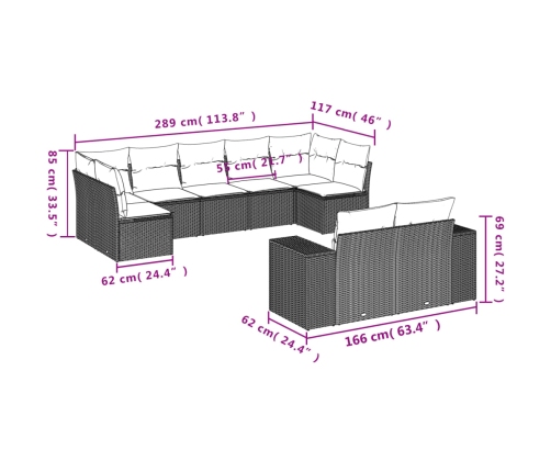Set de muebles de jardín 9 pzas y cojines ratán sintético gris