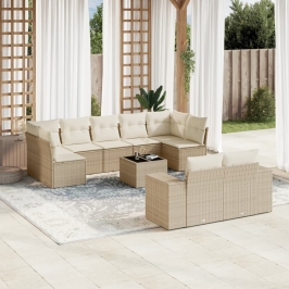 Juego de sofás jardín con cojines beige 10 pzas ratán sintético