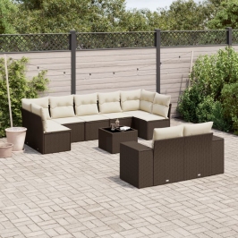 Set de sofás de jardín 10 pzas y cojines ratán sintético marrón