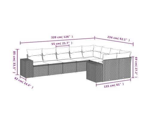 Set de sofás de jardín 9 pzas con cojines ratán sintético beige
