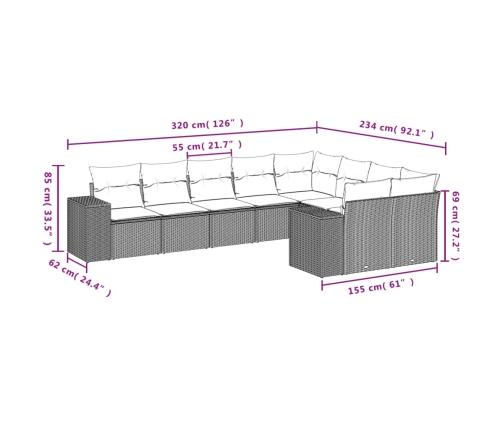Set de muebles de jardín 9 pzas y cojines ratán sintético gris