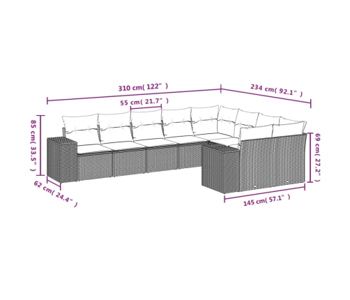 Set muebles jardín 9 pzas y cojines ratán sintético gris claro