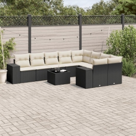 Set de sofás de jardín 10 pzas cojines ratán sintético negro