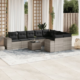 Set sofás jardín 10 pzas con cojines ratán sintético gris claro