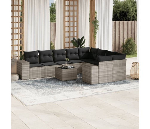 Set sofás jardín 10 pzas con cojines ratán sintético gris claro