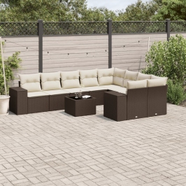 Set de sofás de jardín 10 pzas y cojines ratán sintético marrón